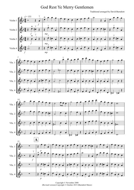 God Rest Ye Merry Gentlemen For Violin Quartet Sheet Music