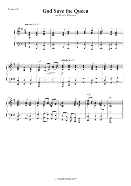 God Save The Queen Arranged For Piano Solo Sheet Music