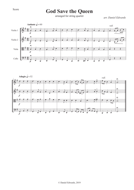 God Save The Queen Arranged For String Quartet Sheet Music