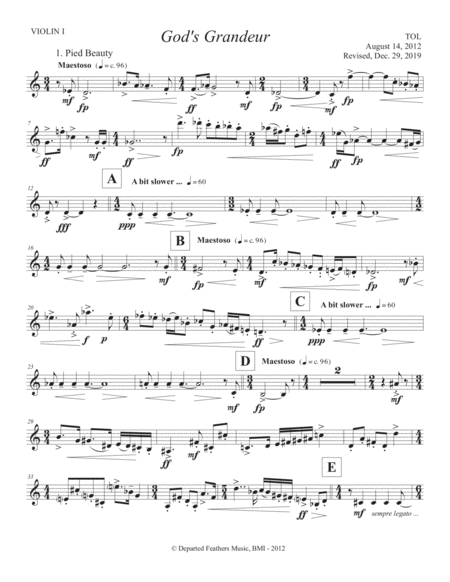 Gods Grandeur 2012 Rev 2019 Violin 1 Part Sheet Music