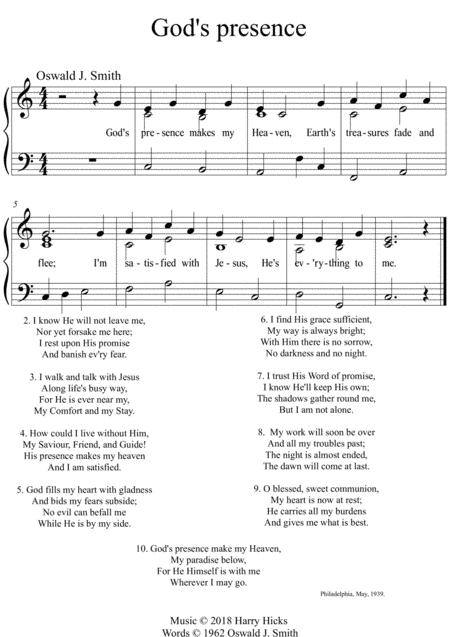 Gods Presence A New Tune To A Wonderful Oswald Smith Hymn Sheet Music