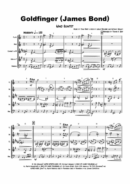 Goldfinger James Bond Wind Quintet Sheet Music