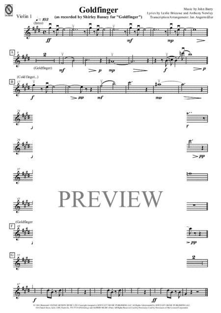 Goldfinger Violin 1 Play A Long The Violin 1 Part With The Original Shirley Bassey Recording For James Bond Sheet Music