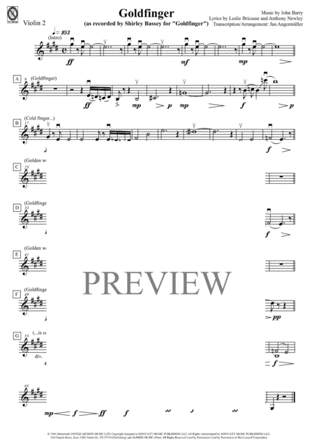 Goldfinger Violin 2 Play A Long The Violin 2 Part With The Original Shirley Bassey Recording For James Bond Sheet Music