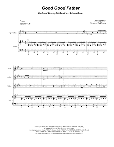 Good Good Father For Saxophone Quartet And Piano Sheet Music