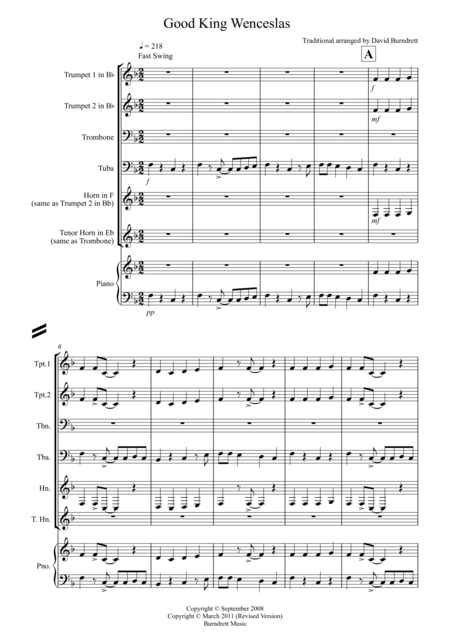 Good King Wenceslas Jazzy Style For Brass Quartet Sheet Music