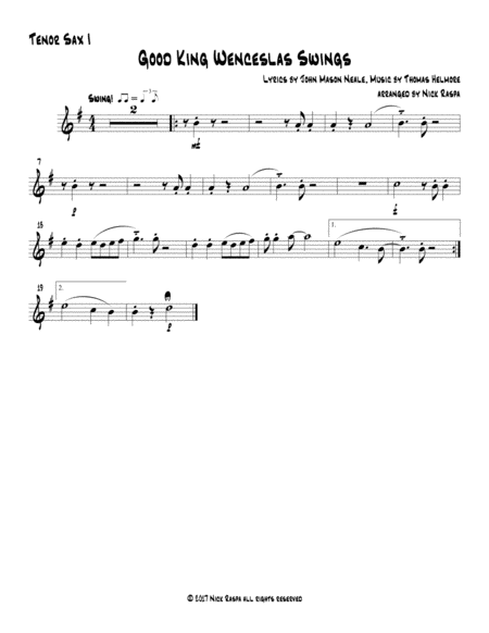 Free Sheet Music Good King Wenceslas Swings Easy Sax Quintet Tenor Sax 1 Part