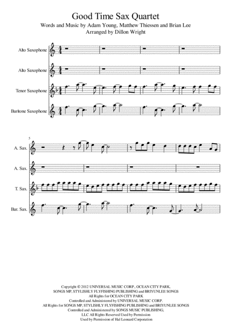 Good Time By Owl City Saxophone Quartet Sheet Music