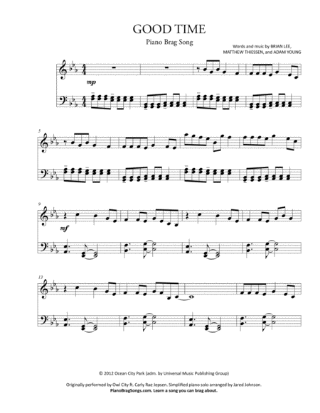 Free Sheet Music Good Time Simplified Piano Solo Owl City Ft Carly Rae Jepsen