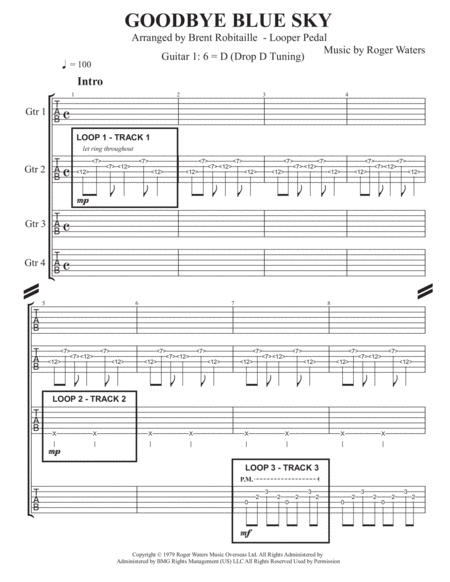 Free Sheet Music Goodbye Blue Sky Pink Floyd Arranged For 3 Track Looper Pedal Or Guitar Quartet