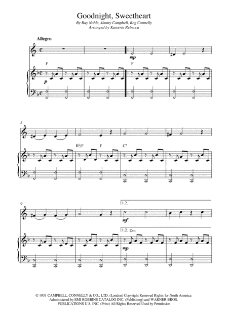 Free Sheet Music Goodnight Sweetheart Horn Solo And Piano Accompaniment