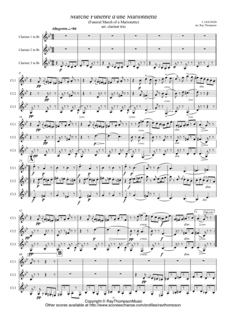 Gounod Funeral March Of A Marionette Marche Funbre D Une Marionette Hitchcock Tv Theme Clarinet Trio Sheet Music