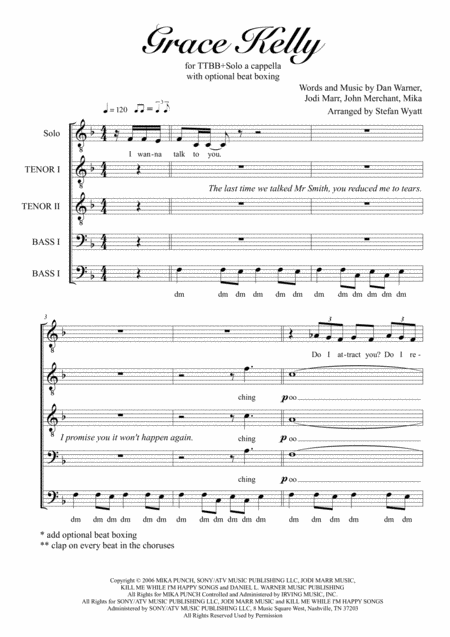Grace Kelly For Ttbb Solo A Cappella Sheet Music