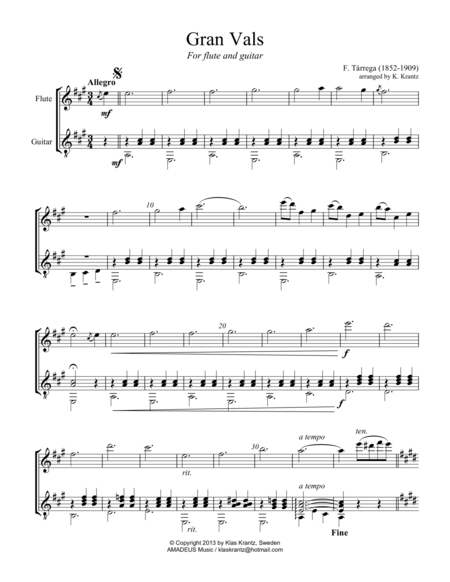 Gran Vals Grand Waltz For Flute And Guitar Sheet Music