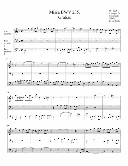 Gratias From Mass Bwv 235 Arrangement For 3 Recorders Sheet Music