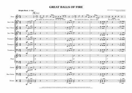 Free Sheet Music Great Balls Of Fire Small Band 3 6 Horns Vocal Key Of Bb