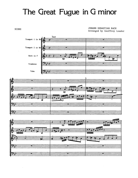 Free Sheet Music Great Fugue In G Minor For Brass Quintet