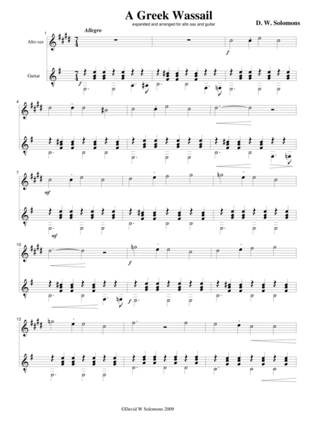 Free Sheet Music Greek Wassail For Alto Saxophone And Guitar