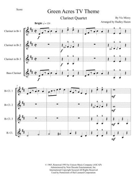Free Sheet Music Green Acres Theme For Clarinet Quartet