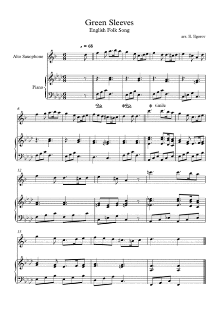 Free Sheet Music Green Sleeves English Folk Song For Alto Saxophone Piano