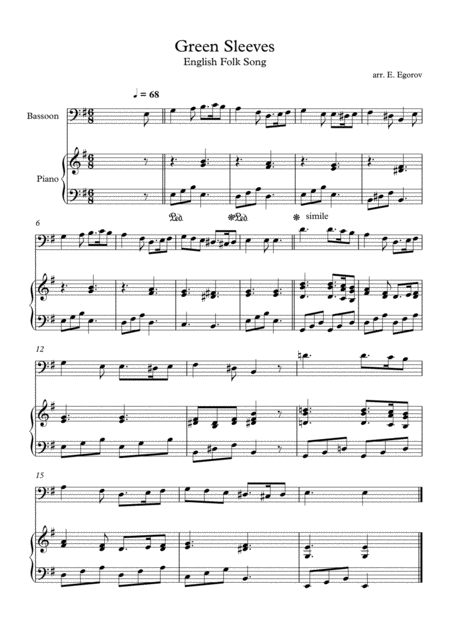 Green Sleeves English Folk Song For Bassoon Piano Sheet Music