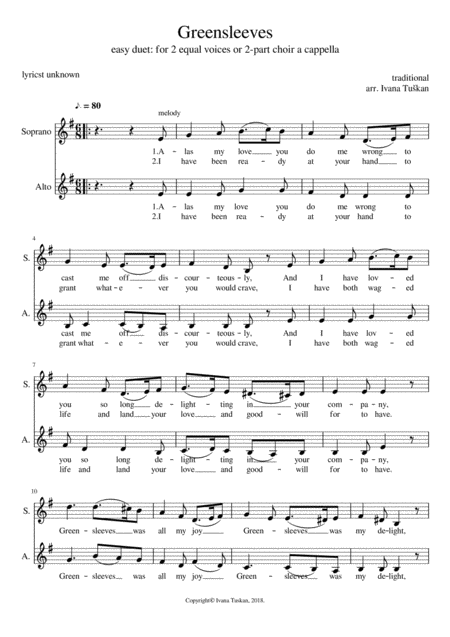 Greensleeves Easy Duet Sa Or 2 Part Choir A Cappella E Minor Sheet Music