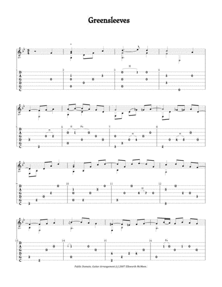 Greensleeves For Fingerstyle Guitar Tuned Cgdgad Sheet Music