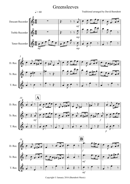 Greensleeves For Recorder Trio Sheet Music