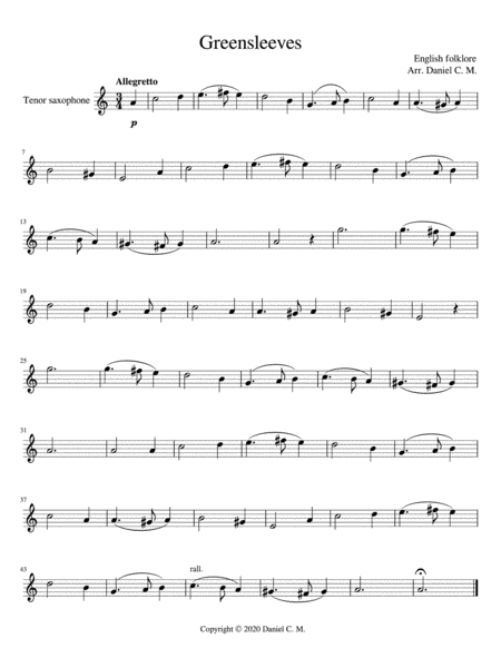 Free Sheet Music Greensleeves For Tenor Saxophone And Piano