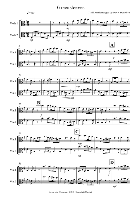 Greensleeves For Viola Duet Sheet Music