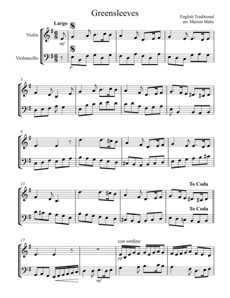 Free Sheet Music Greensleeves For Violin Cello Duet