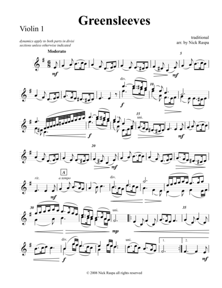 Free Sheet Music Greensleeves Variations Violin 1 Part