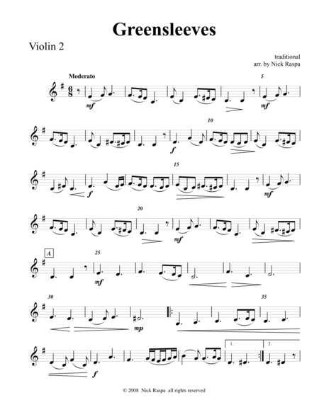 Free Sheet Music Greensleeves Variations Violin 2 Part