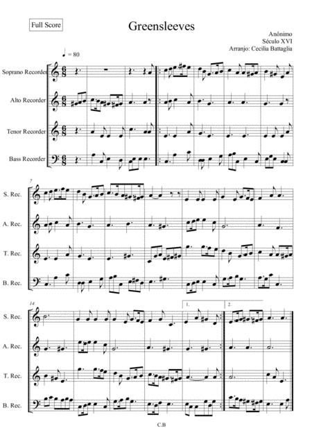 Greensleves Recorder Quartet Soprano Alto Tenor E Baixo Sheet Music