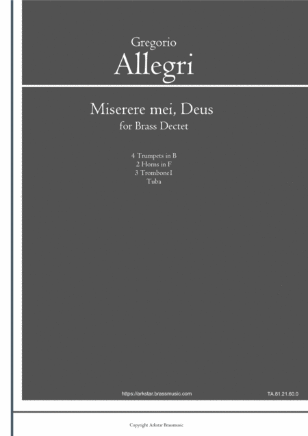 Gregorio Allegri Miserere Mei Deus For Brass Dectet Sheet Music