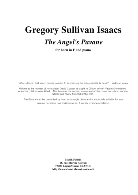 Gregory Sullivan Isaacs The Angels Pavanne For Horn And Piano Sheet Music