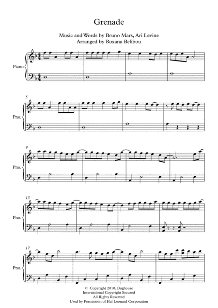 Grenade By Bruno Mars Easy Piano Sheet Music