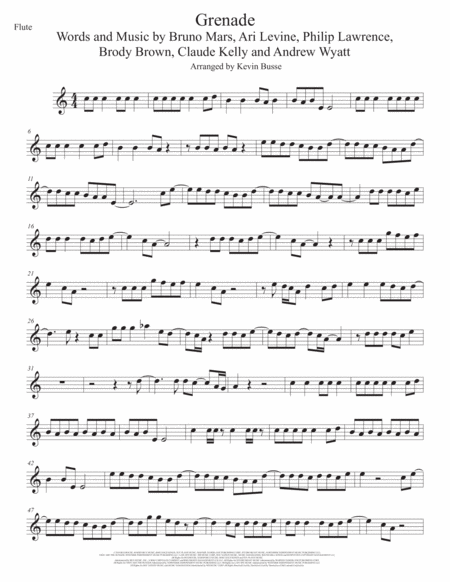 Grenade Easy Key Of C Flute Sheet Music