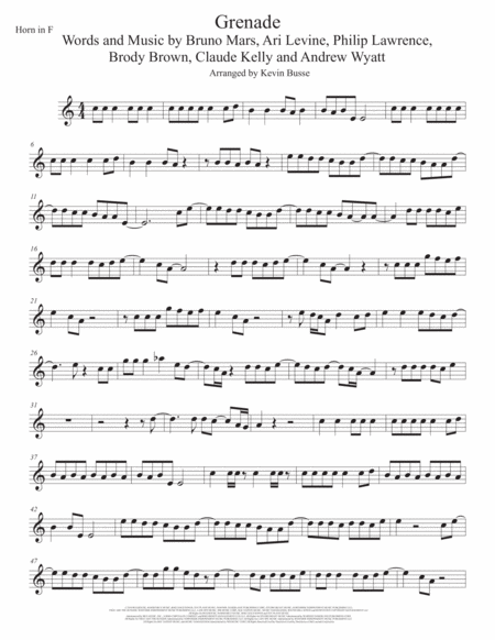 Grenade Easy Key Of C Horn In F Sheet Music