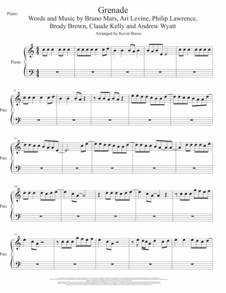 Grenade Easy Key Of C Piano Sheet Music