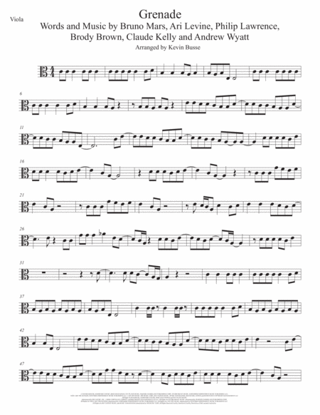 Grenade Easy Key Of C Viola Sheet Music