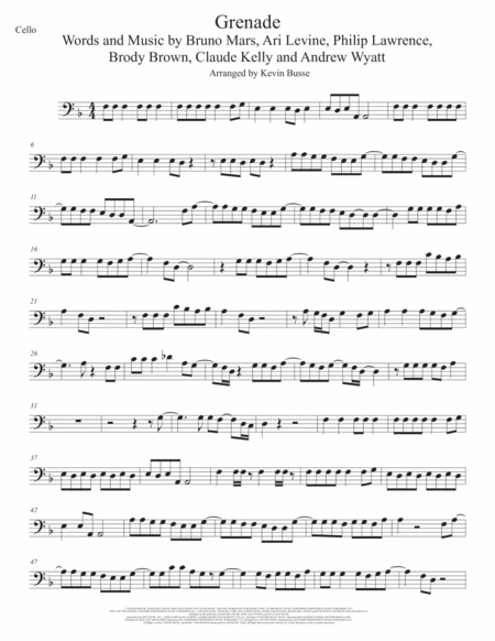 Grenade Original Key Cello Sheet Music