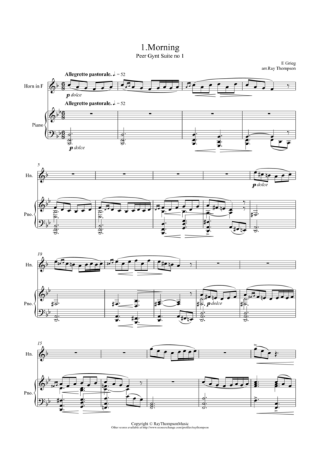 Free Sheet Music Grieg 1 Morning Peer Gynt Suite No 1 Horn And Piano
