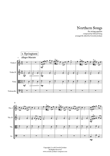 Grieg 4 Northern Songs For String Quartet Sheet Music