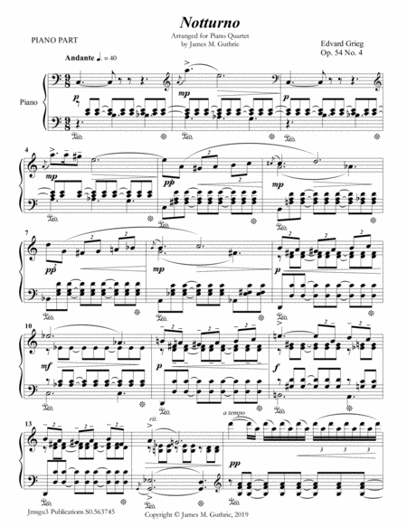 Grieg Notturno Op 54 No 4 For Piano Quartet Sheet Music