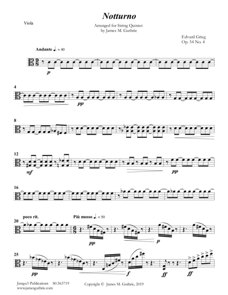 Free Sheet Music Grieg Notturno Op 54 No 4 For String Quintet