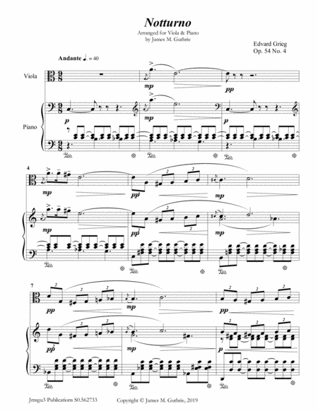 Grieg Notturno Op 54 No 4 For Viola Piano Sheet Music