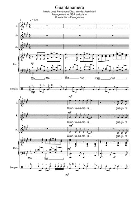 Free Sheet Music Guantanamera Ssa Piano