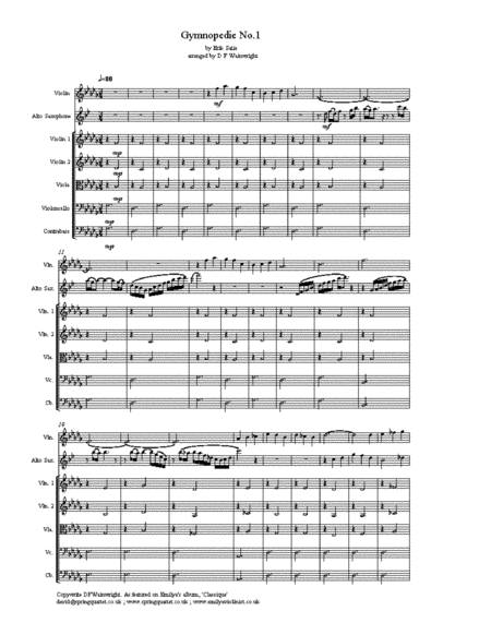 Gymnopedie No 1 By Satie Arranged For Solo Violin Alto Saxophone And Strings Score Parts Mp3 Sheet Music