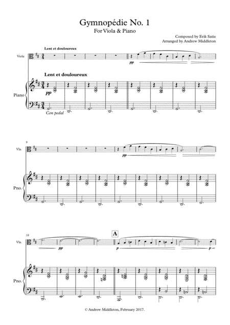 Gymnopedie No 1 For Viola And Piano Sheet Music